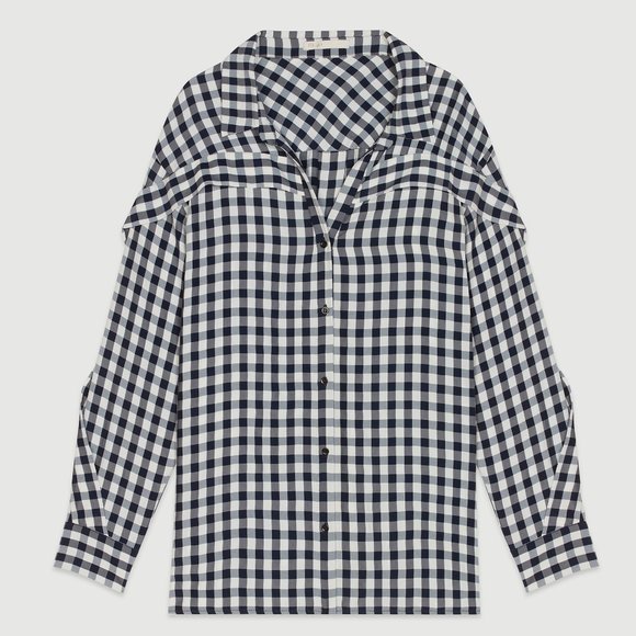 Maje Ruffled-Trim Checked Woven Shirt In Carreaux / Size 1 / Small Blouse - Picture 5 of 11